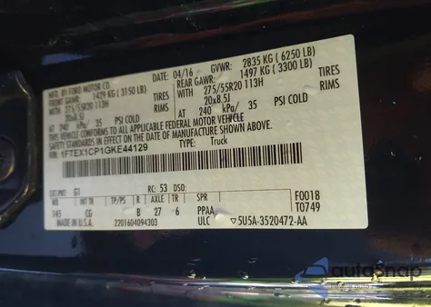 2016 Ford F-150 Xl из США, поврежденный, VIN 1FTEX1CP1GKE44129